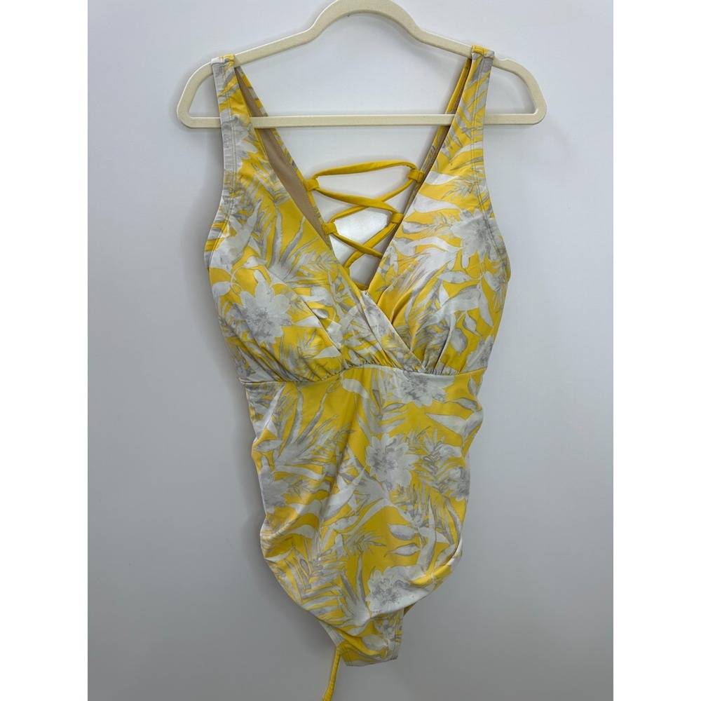 Cacique Swim One Piece Swimsuit Yellow Floral Lace Up Back Ruched Plus Size 20 - Picture 11 of 11